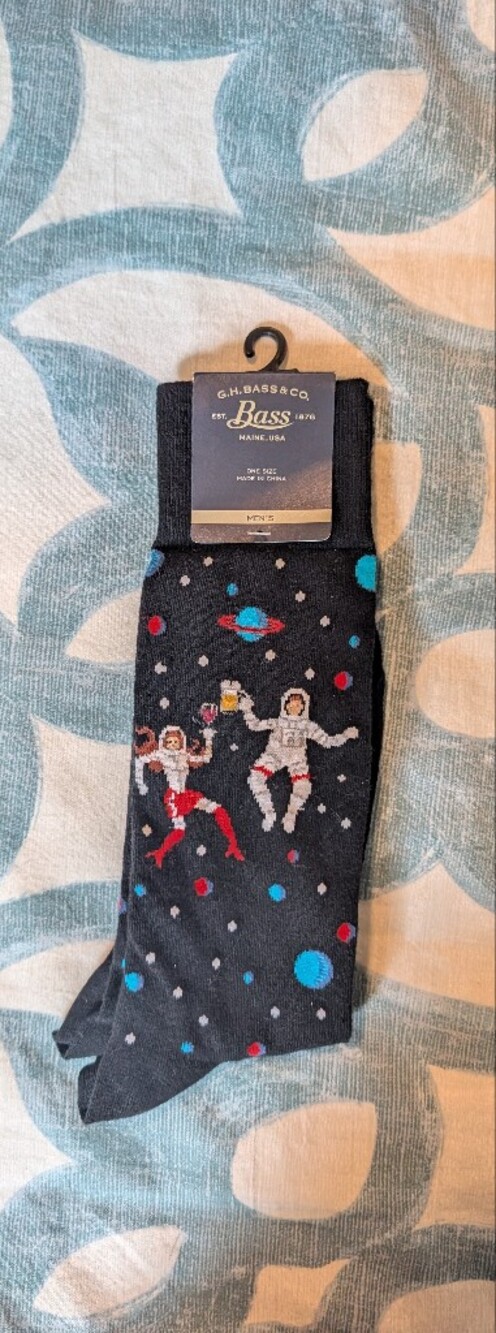 Bass Black Astronaut Novelty Crew Socks with Red & Blue Accents